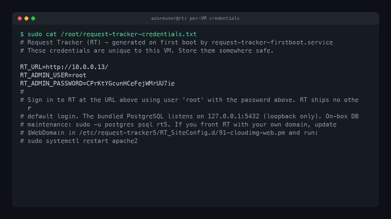 The per VM Request Tracker credentials file, showing the admin login user root, the generated password and the RT URL