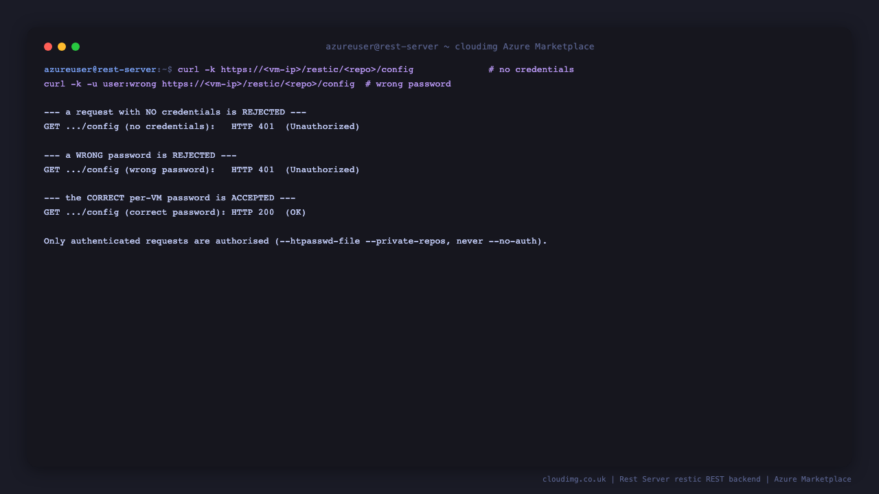 an unauthenticated curl request to the endpoint returns HTTP 401, a request with a wrong password returns HTTP 401, and a request with the correct per VM password returns HTTP 200, proving only authenticated requests are authorised