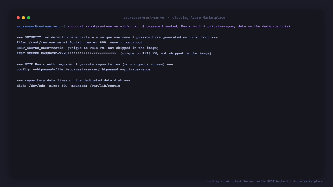 the credentials file is 0600 root root, the service command line shows the htpasswd file and private repos flags, and df shows the repository data directory mounted on the dedicated 30 GB data disk at /var/lib/restic