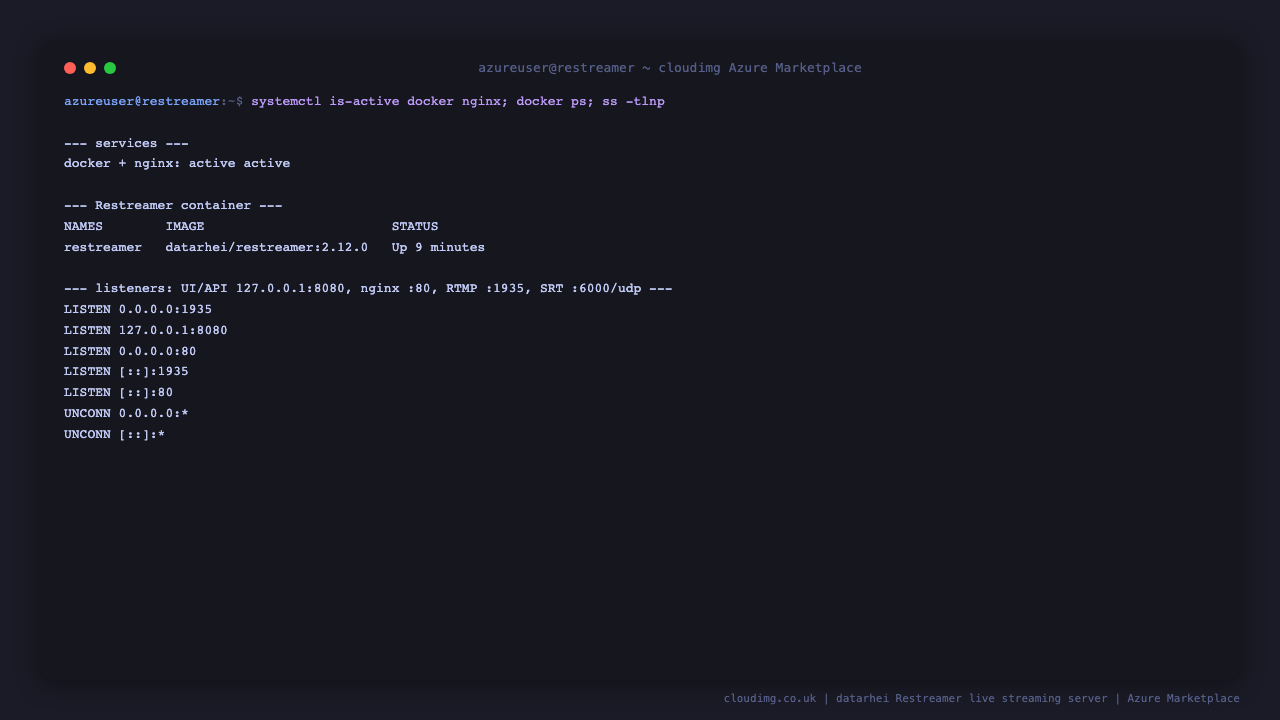 docker.service and nginx.service active, the restreamer container healthy on datarhei/restreamer:2.12.0, and the UI, RTMP and SRT listeners