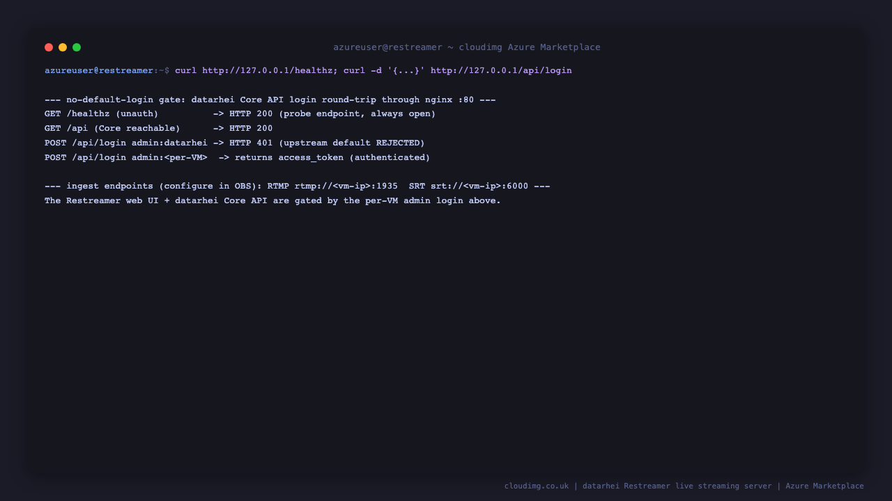 The datarhei Core login round trip: the upstream default admin datarhei rejected with 401 and the per-VM password returning an access token
