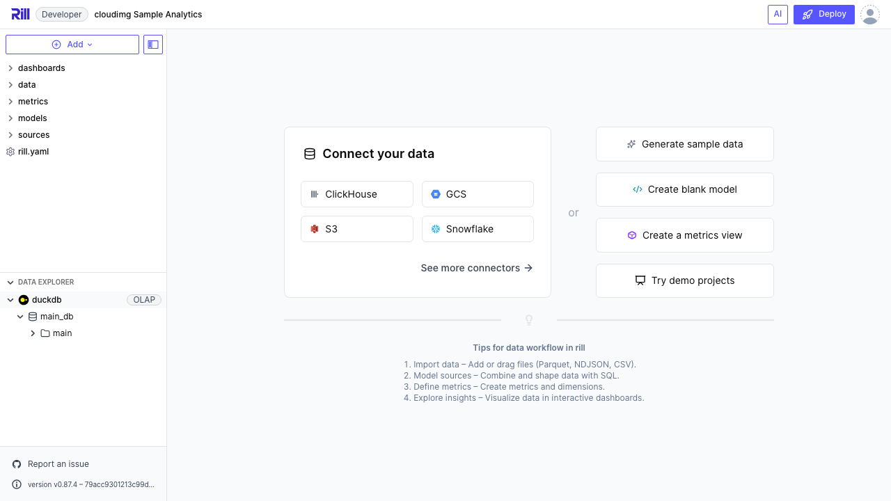 Rill project home listing the sample dashboards and resources