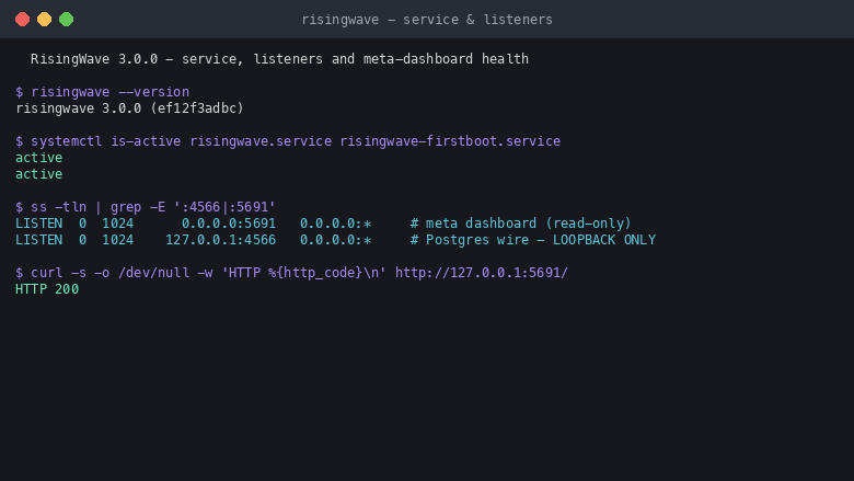 RisingWave version, services and listeners