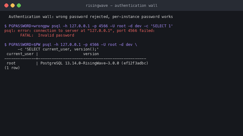 RisingWave authentication wall: wrong password rejected, correct accepted