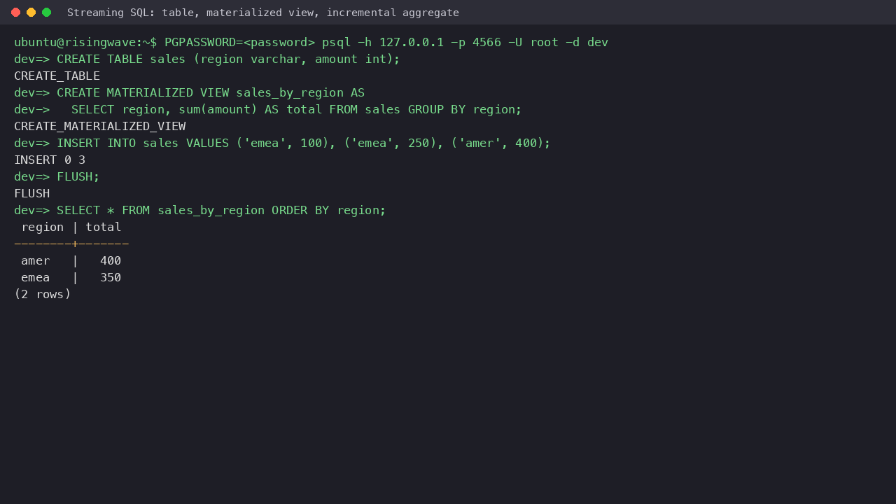 RisingWave streaming SQL: table, materialized view and aggregate