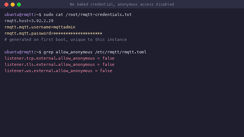 the per instance credentials file shows the MQTT username mqttadmin with the password masked and the broker endpoints, alongside the configuration confirming anonymous access is disabled on the TCP, TLS and WebSocket listeners, proving no MQTT password or TLS key is baked into the image