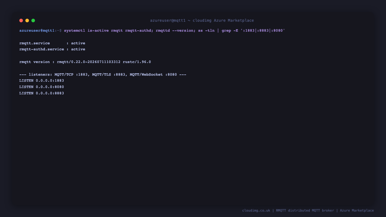 rmqtt.service and rmqtt-authd.service both report active, rmqttd prints its version, and ss shows the broker listening on port 1883 for MQTT over TCP, port 8883 for MQTT over TLS and port 8080 for MQTT over WebSocket on all interfaces, confirming the MQTT broker is up on the standard ports
