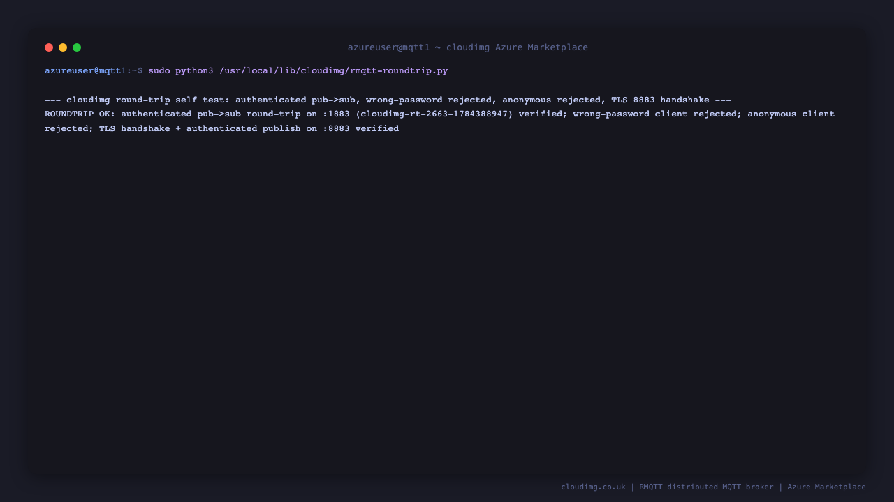 the cloudimg round trip self test prints ROUNDTRIP OK confirming an authenticated publish and subscribe round trip succeeded on port 1883, a client presenting the wrong password was rejected, an anonymous client with no username or password was rejected, and the TLS listener on port 8883 completed a handshake with an authenticated publish