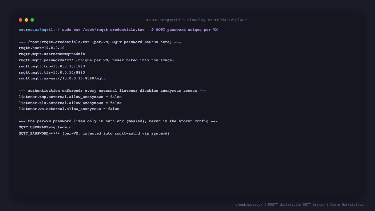 the per VM credentials file shows the MQTT username mqttadmin with the password masked and the broker endpoints, alongside the configuration confirming anonymous access is disabled on the TCP, TLS and WebSocket listeners and that the per VM password lives only in the authentication backend and never in the broker configuration, proving no MQTT password or TLS key is baked into the image