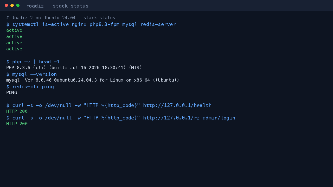 Roadiz stack status on Ubuntu 24.04
