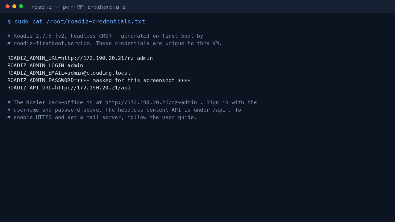 Per-VM Roadiz credentials file