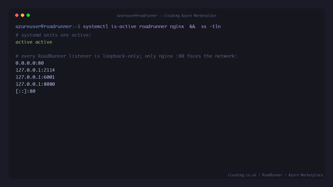 roadrunner.service and nginx.service both active, with every RoadRunner listener bound to loopback and only nginx facing the network on port 80