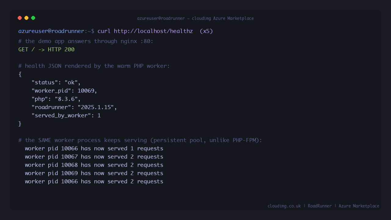 The demo app answering GET / with HTTP 200 through nginx, a health JSON payload from the warm PHP worker showing PHP 8.3 and RoadRunner 2025.1.15, and repeated calls served by persistent workers with a climbing request counter