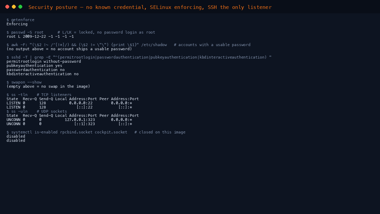 The terminal shows getenforce reporting Enforcing, passwd -S root reporting the root account as L meaning locked, no accounts holding a usable password, the effective sshd policy reporting permitrootlogin without-password, pubkeyauthentication yes, passwordauthentication no and kbdinteractiveauthentication no, swapon showing no swap, ss listing sshd on port 22 as the only TCP listener and chronyd on the loopback address as the only UDP socket, and rpcbind and cockpit sockets both disabled