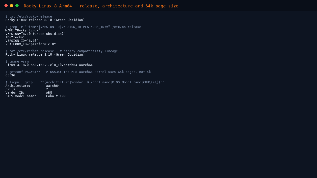 The terminal shows cat of etc rocky-release reporting Rocky Linux release 8.10 Green Obsidian, the os-release fields NAME Rocky Linux, VERSION 8.10, ID rocky, VERSION_ID 8.10 and PLATFORM_ID platform el8, the redhat-release compatibility line, uname reporting the 4.18.0 el8_10 kernel on aarch64, getconf PAGESIZE reporting 65536 for the 64k page kernel, and lscpu reporting an ARM vendor Azure Cobalt 100 processor with 2 CPUs