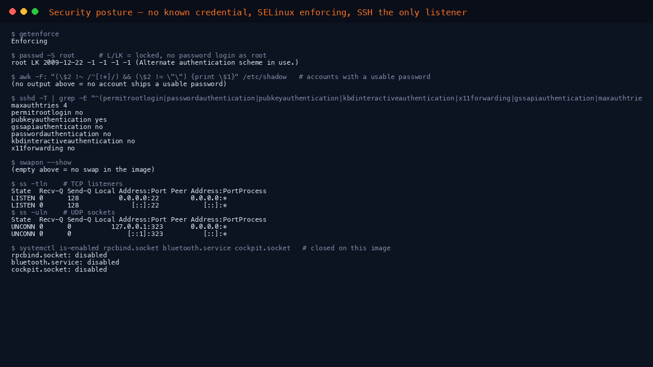 The terminal shows getenforce reporting Enforcing, passwd -S root reporting the root account as LK meaning locked, no accounts holding a usable password, the effective sshd policy reporting permitrootlogin no, pubkeyauthentication yes, passwordauthentication no, x11forwarding no and maxauthtries 4, swapon showing no swap, ss listing sshd on port 22 as the only TCP listener and chronyd on the loopback address as the only UDP socket, and the rpcbind, bluetooth and cockpit units all reported disabled