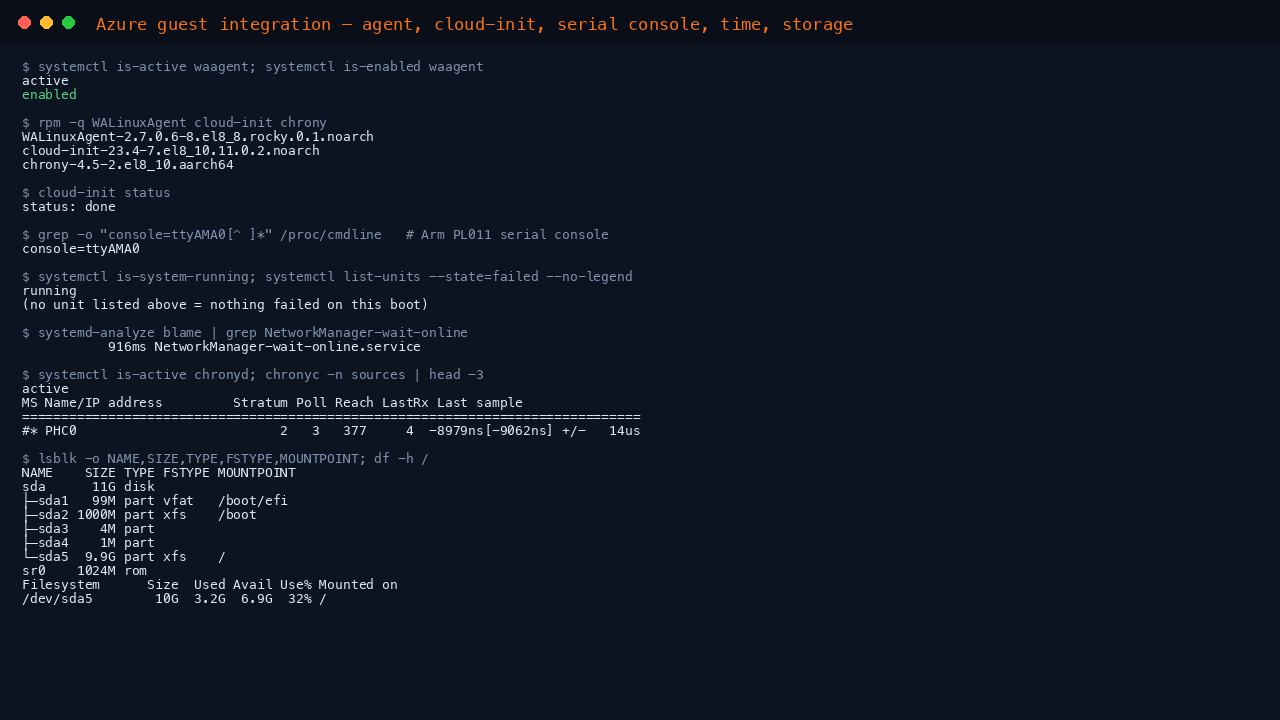 The terminal shows waagent active and enabled at boot, the WALinuxAgent, cloud-init and chrony package versions, cloud-init status reporting done, the console equals ttyAMA0 kernel argument for the Arm serial console, systemctl is-system-running reporting running with no failed units, NetworkManager-wait-online completing in about two seconds, chronyd synchronised against the Azure host clock, and the flat disk layout from lsblk with root usage from df