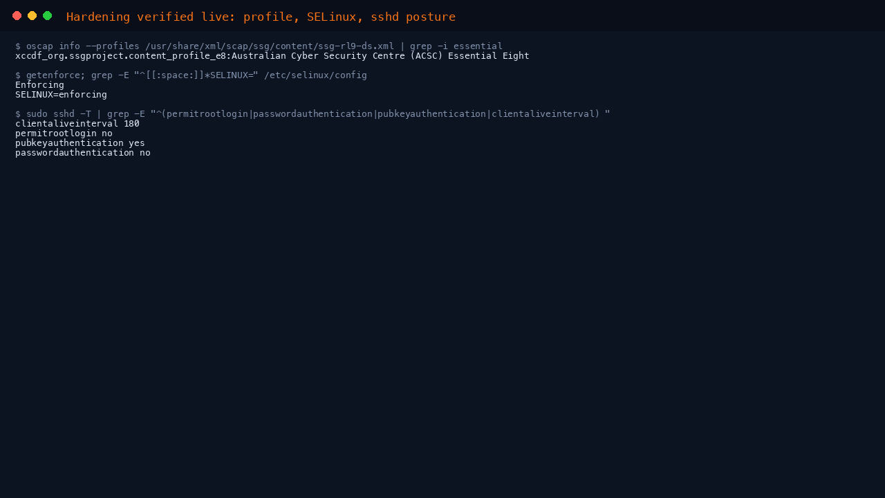 The e8 profile present in Rocky's own SCAP content, SELinux enforcing, and the shipped sshd posture