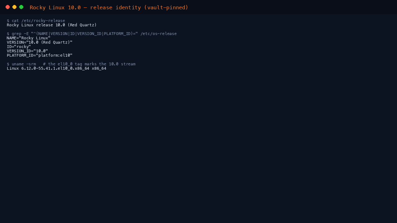 The terminal shows cat of etc rocky-release reporting Rocky Linux release 10.0 Red Quartz, the os-release fields NAME Rocky Linux, VERSION 10.0, ID rocky and PLATFORM_ID platform el10, and uname reporting the 6.12.0 el10_0 kernel on x86_64