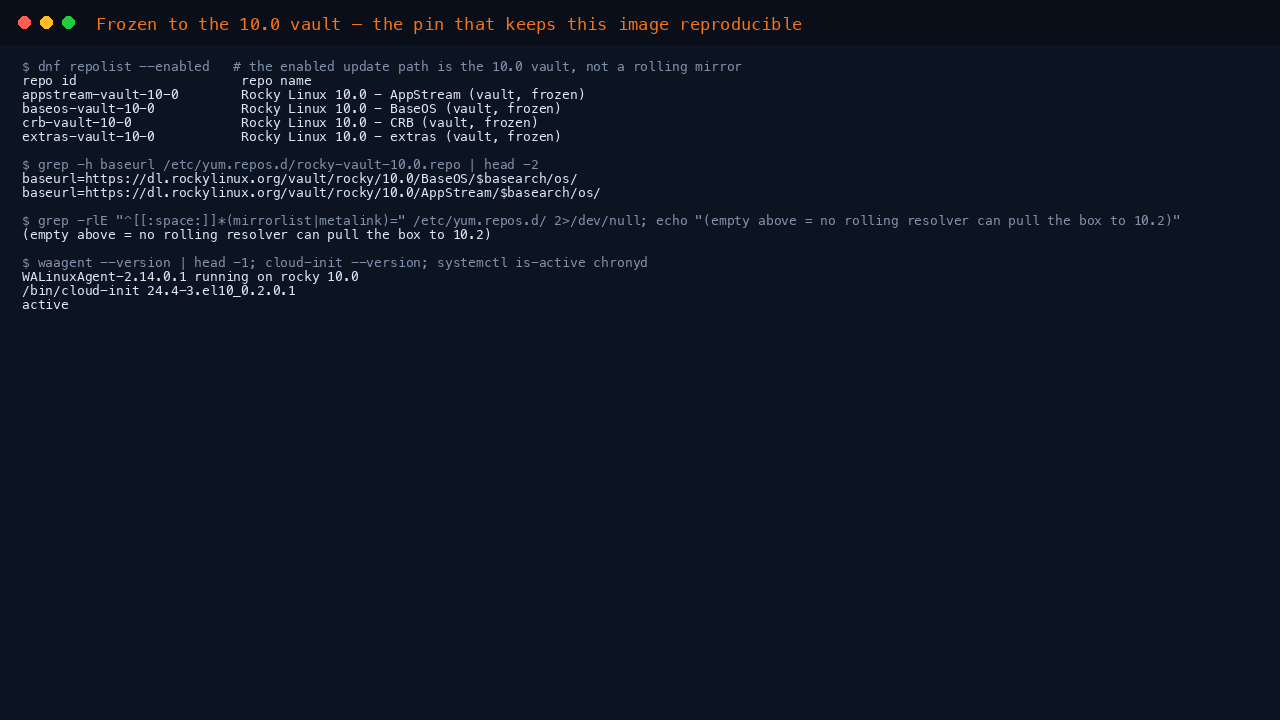 The terminal shows the four vault repositories enabled, the vault baseurls pointing at dl.rockylinux.org vault rocky 10.0, no rolling mirrorlist or metalink present, and waagent, cloud-init and chronyd all healthy