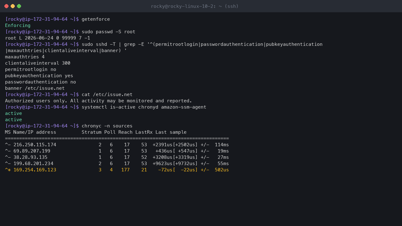 Terminal output showing SELinux enforcing, the root account locked, the effective SSH settings with root login and password authentication off and the login banner, chrony and the SSM agent active, and chrony synchronised to the Amazon Time Sync Service at 169.254.169.123