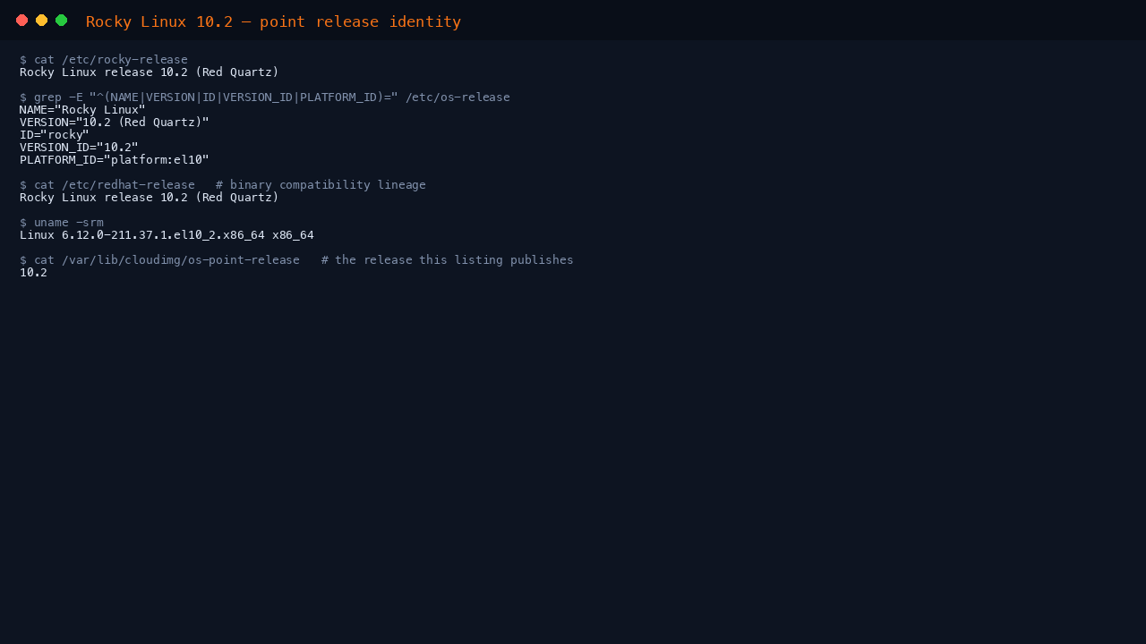 The terminal shows cat of etc rocky-release reporting Rocky Linux release 10.2 Red Quartz, the os-release fields NAME Rocky Linux, VERSION 10.2, ID rocky, VERSION_ID 10.2 and PLATFORM_ID platform el10, the redhat-release compatibility line, and uname reporting the 6.12.0 el10_2 kernel on x86_64