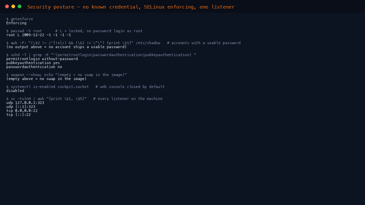 The terminal shows getenforce reporting Enforcing, passwd -S root reporting the root account as L meaning locked, no accounts holding a usable password, the effective sshd policy reporting permitrootlogin without-password, pubkeyauthentication yes and passwordauthentication no, swapon showing no swap, cockpit.socket disabled, and ss listing sshd on port 22 as the only listener