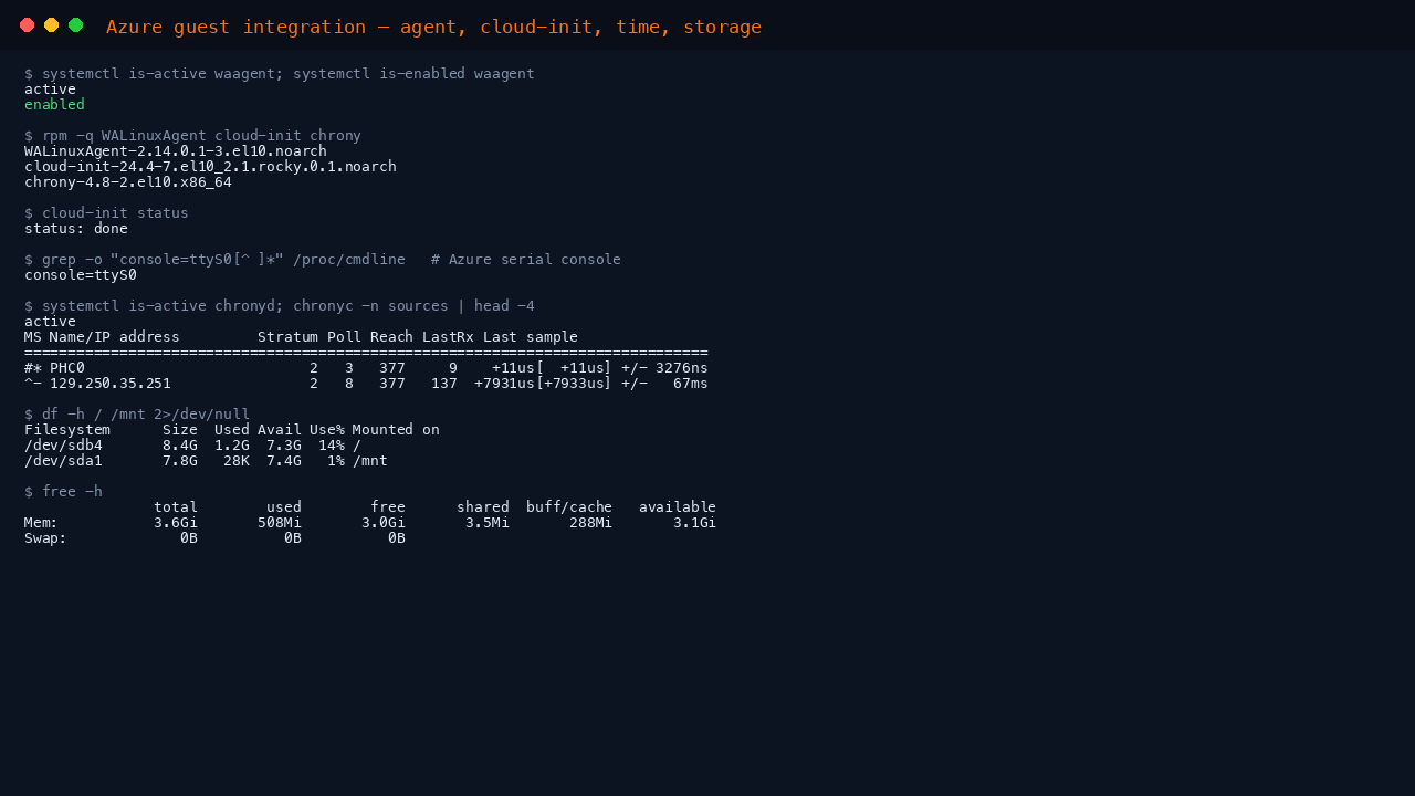 The terminal shows waagent active and enabled at boot, the WALinuxAgent, cloud-init and chrony package versions, cloud-init status reporting done, the console equals ttyS0 kernel argument for the Azure serial console, chronyd synchronised against the Azure host clock, and df and free reporting the root filesystem, the ephemeral resource disk at slash mnt and zero swap