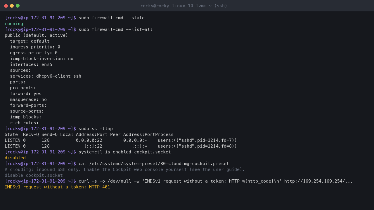 Terminal output showing firewalld running with the public zone on ens5 allowing only the dhcpv6-client and ssh services, sshd as the only listening TCP socket, cockpit.socket disabled with the cloudimg preset that keeps it off, and a token-less IMDSv1 request refused with HTTP 401