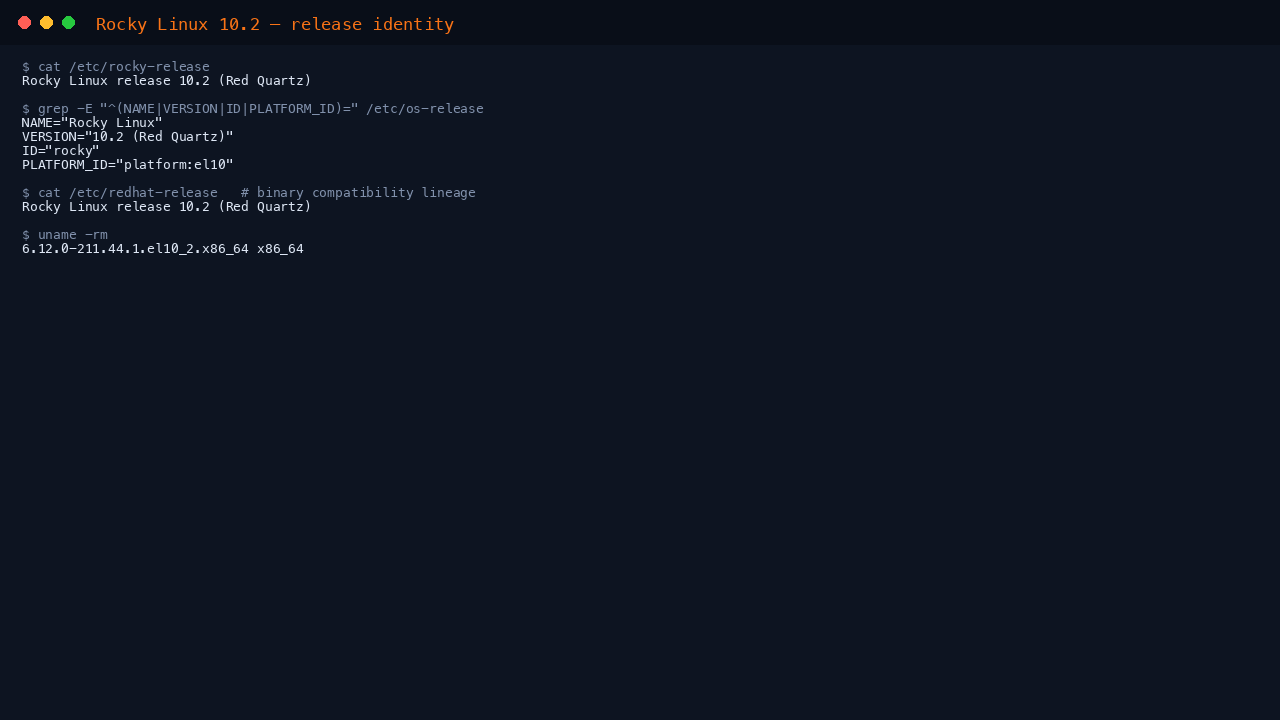 Terminal showing cat of etc rocky-release reporting Rocky Linux release 10.2 Red Quartz, os-release fields ID rocky and PLATFORM_ID platform el10, and uname reporting the 6.12.0 el10_2 kernel on x86_64