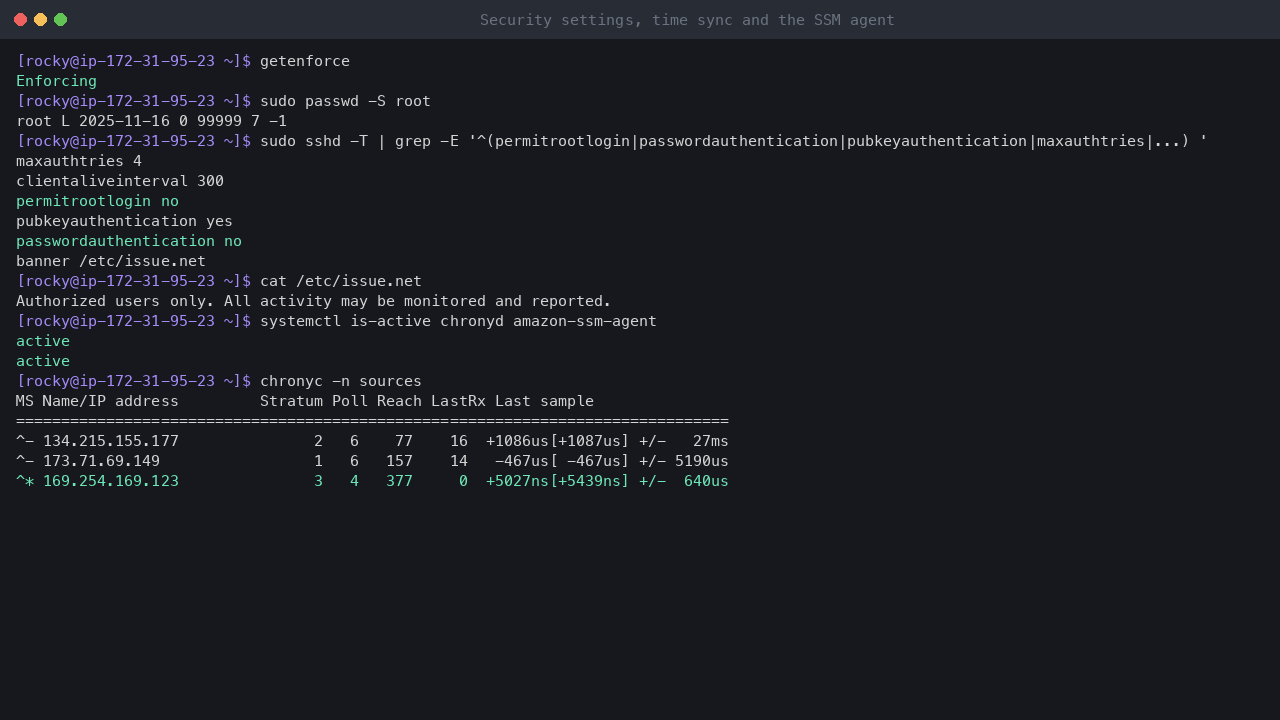 Terminal output showing SELinux enforcing, the root account locked, the effective SSH settings with root login and password authentication off and the login banner, chrony and the SSM agent active, and chrony synchronised to the Amazon Time Sync Service at 169.254.169.123