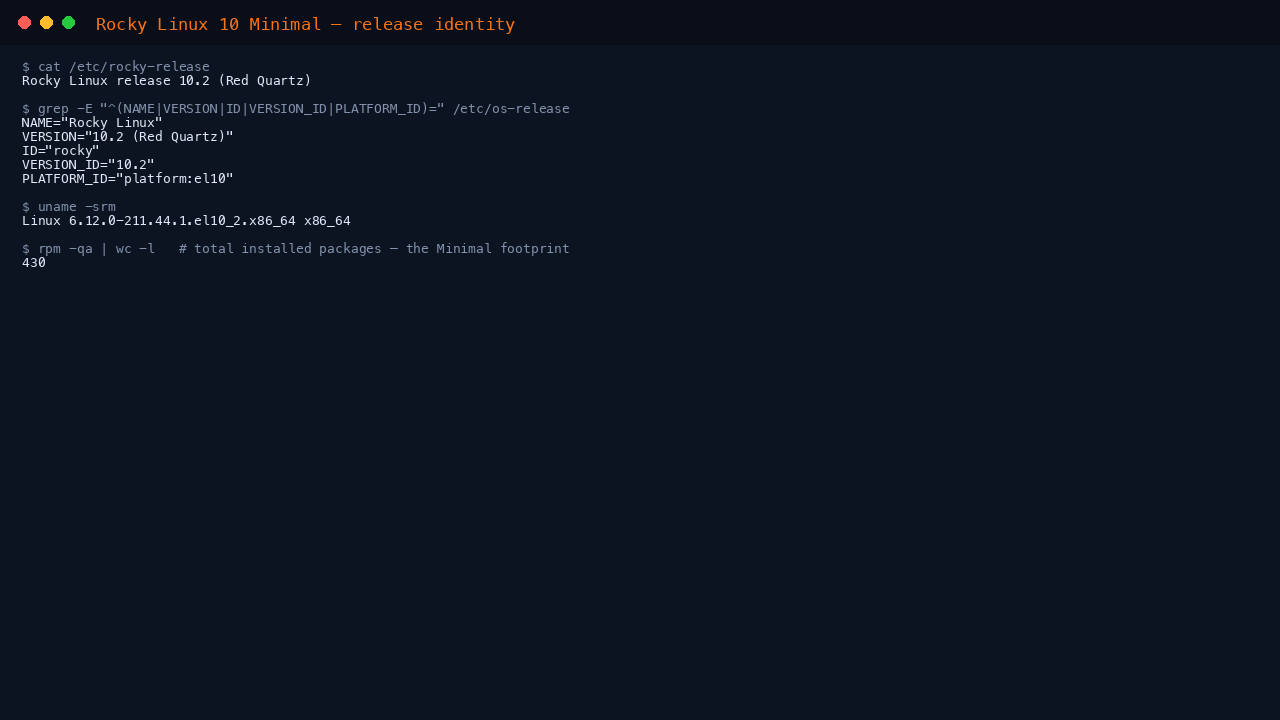 The terminal shows cat of etc rocky-release reporting Rocky Linux release 10.2 Red Quartz, the os-release fields NAME Rocky Linux, VERSION 10.2, ID rocky and PLATFORM_ID platform el10, uname reporting the 6.12.0 el10_2 kernel on x86_64, and 430 total installed packages