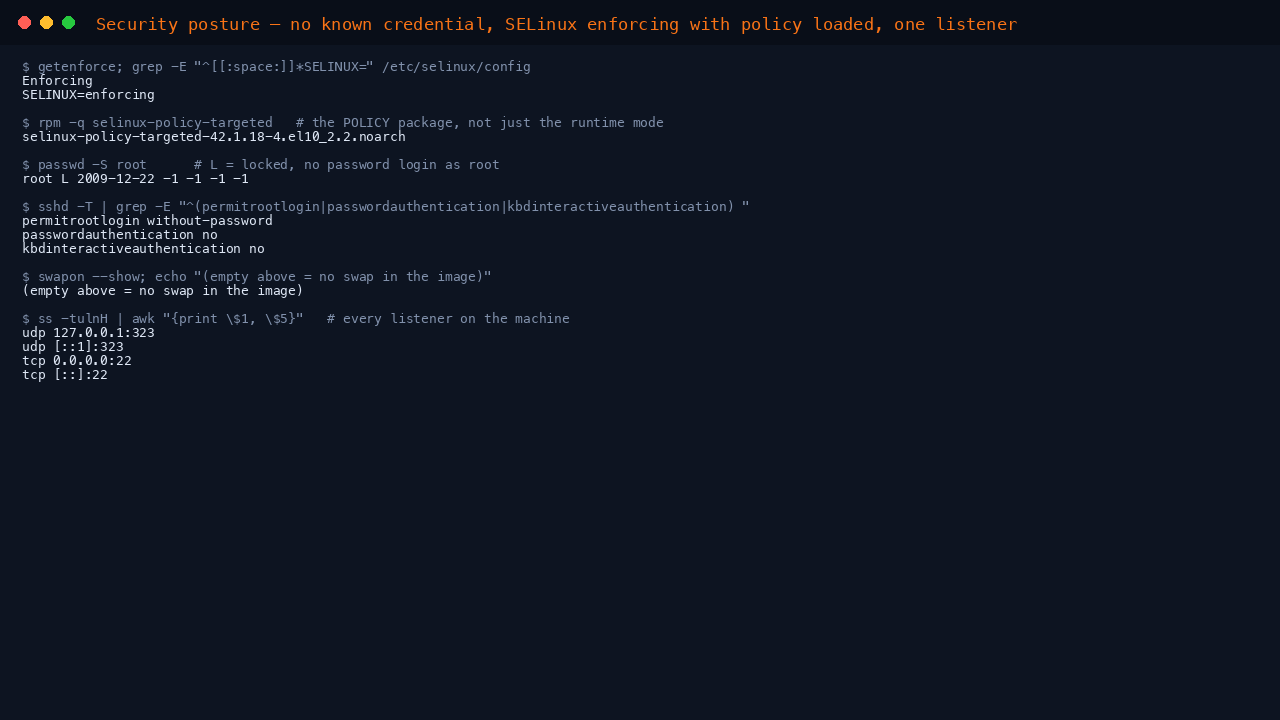 The terminal shows getenforce reporting Enforcing with SELINUX equals enforcing persisted in the config, the selinux-policy-targeted package present, passwd -S root reporting L meaning locked, the effective sshd policy reporting permitrootlogin without-password, passwordauthentication no and kbdinteractiveauthentication no, an empty swapon output meaning no swap, and the listening sockets showing only SSH on 22 externally with chrony on loopback