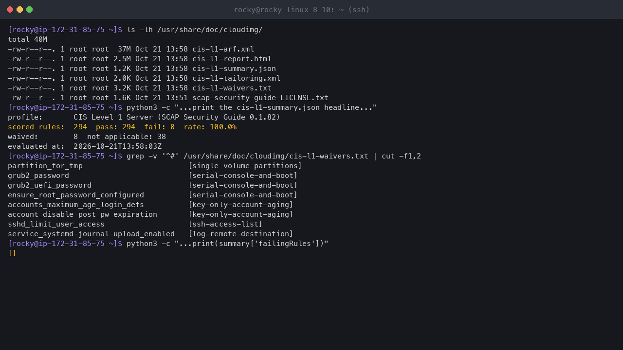 Terminal output showing the shipped compliance files in /usr/share/doc/cloudimg and the summary: CIS Level 1 Server profile, 294 scored rules, 294 pass, 0 fail, a 100.0 percent pass rate and 8 waived rules