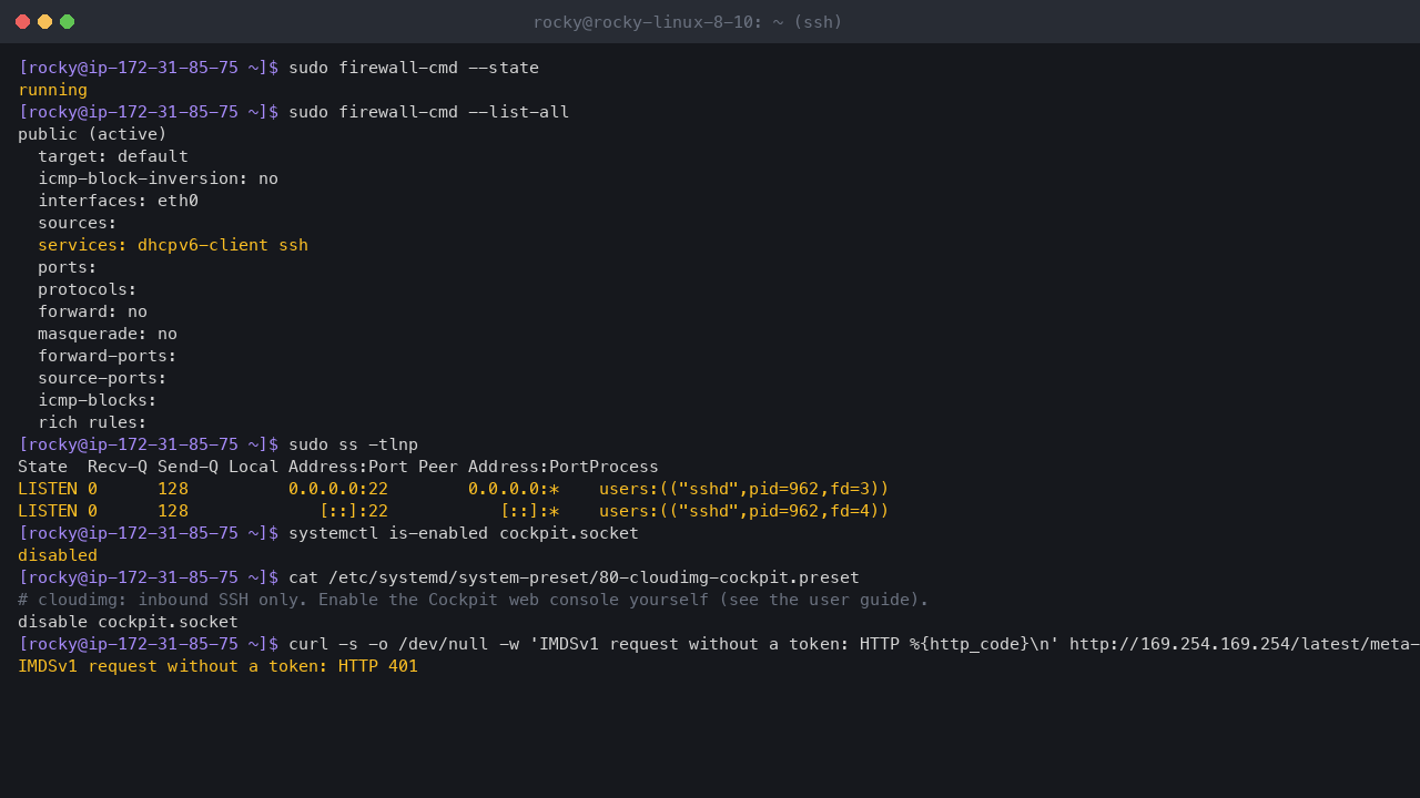Terminal output showing firewalld running with the public zone on eth0 allowing only the dhcpv6-client and ssh services, sshd as the only listening TCP socket, cockpit.socket disabled with the cloudimg preset that keeps it off at first boot, and a token-less IMDSv1 request refused with HTTP 401