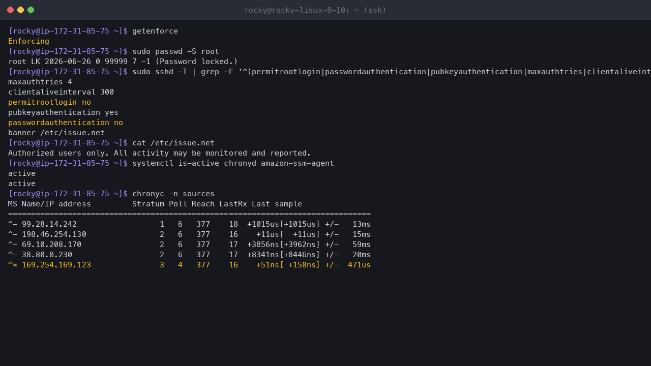 Terminal output showing SELinux enforcing, the root account locked, the effective SSH settings with root login and password authentication off and the login banner, chrony and the SSM agent active, and chrony synchronised to the Amazon Time Sync Service at 169.254.169.123