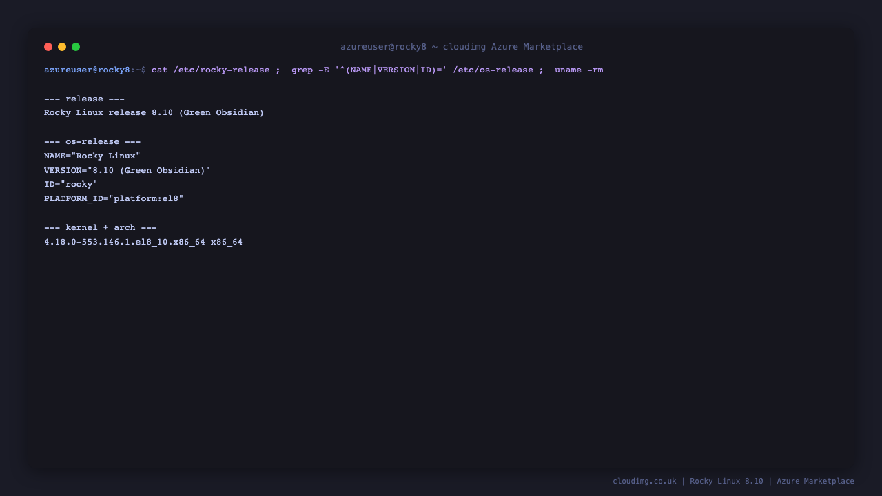 The terminal shows cat of etc rocky-release reporting Rocky Linux release 8.10 Green Obsidian, the os-release fields NAME Rocky Linux, VERSION 8.10, ID rocky and PLATFORM_ID platform el8, and uname reporting the 4.18.0 el8_10 kernel on x86_64