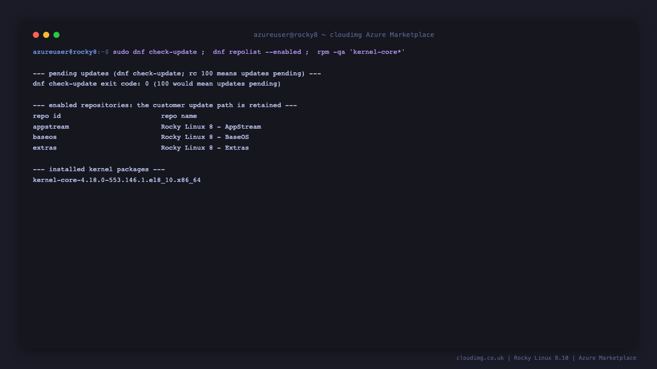 The terminal shows dnf check-update returning exit code 0 meaning no updates are pending, dnf repolist listing the appstream, baseos and extras repositories as enabled, and rpm listing the installed kernel core packages