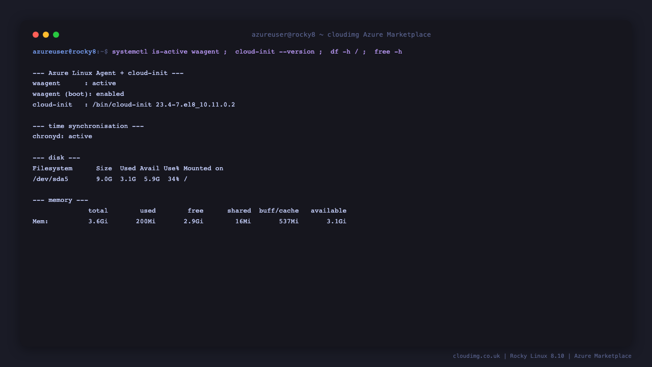 The terminal shows waagent active and enabled at boot, cloud-init version 23.4 for el8_10, chronyd active for time synchronisation, the root filesystem usage from df, and the memory summary from free