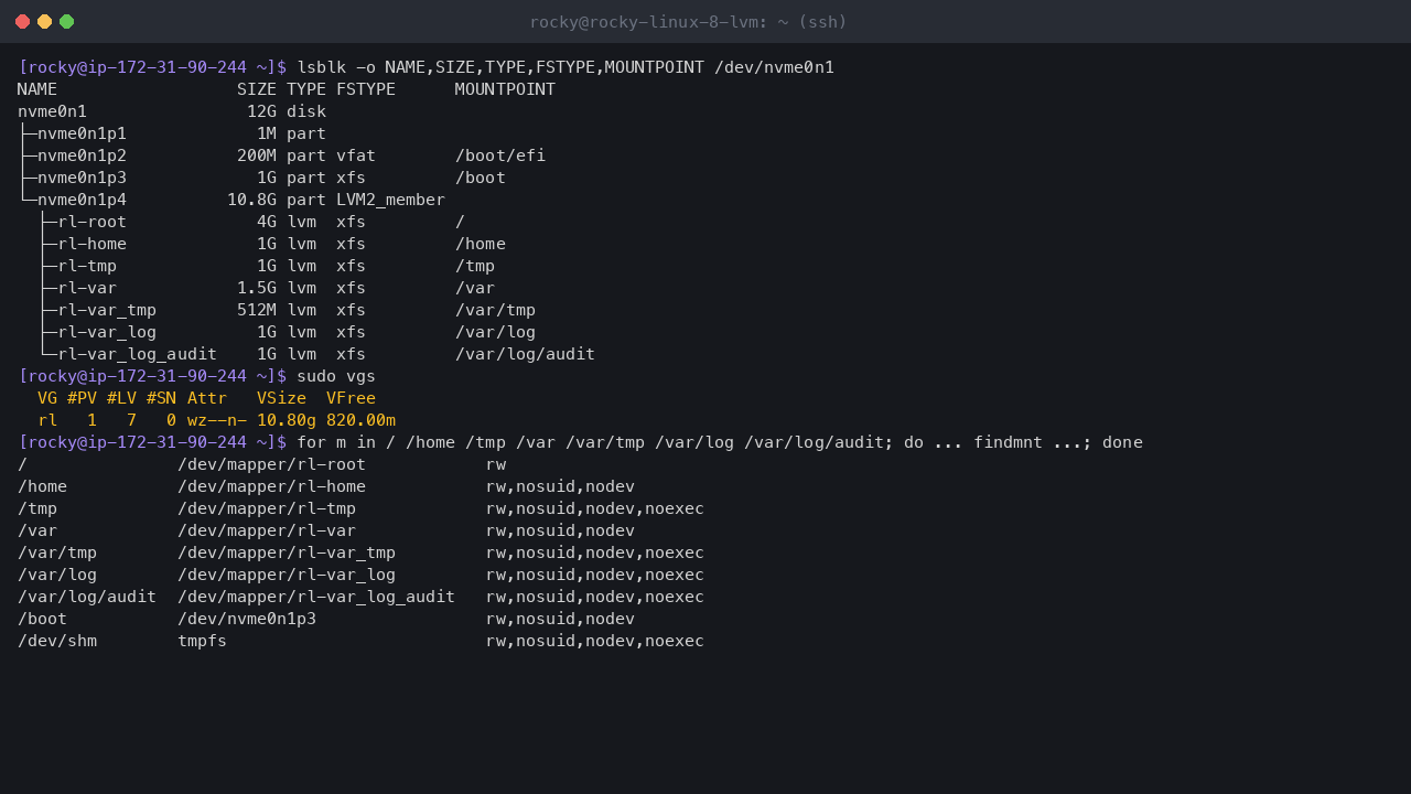 Terminal output showing the 12 GiB disk with EFI and /boot partitions and an LVM physical volume, the volume group rl with 820 MiB free, and the seven XFS logical volumes for /, /home, /tmp, /var, /var/tmp, /var/log and /var/log/audit with their nodev, nosuid and noexec mount options