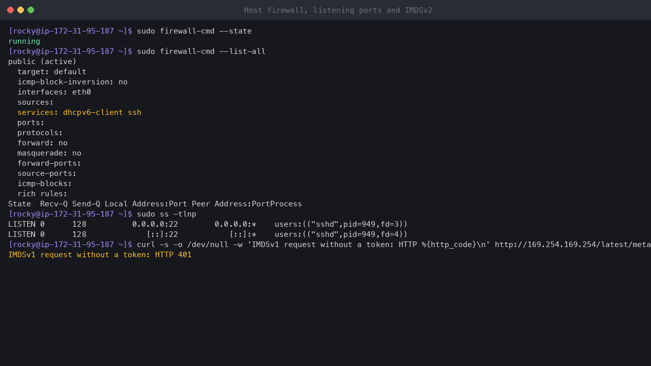 Terminal output showing firewalld running with the public zone on eth0 allowing only the dhcpv6-client and ssh services and no ports or rich rules, sshd as the only listening TCP socket, and a token-less IMDSv1 request refused with HTTP 401
