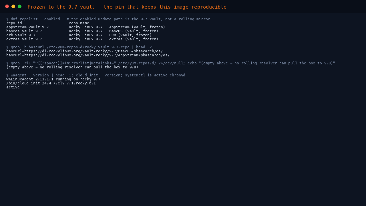 The terminal shows the four vault repositories enabled, the vault baseurls pointing at dl.rockylinux.org vault rocky 9.7, no rolling mirrorlist or metalink present, and waagent, cloud-init and chronyd all healthy