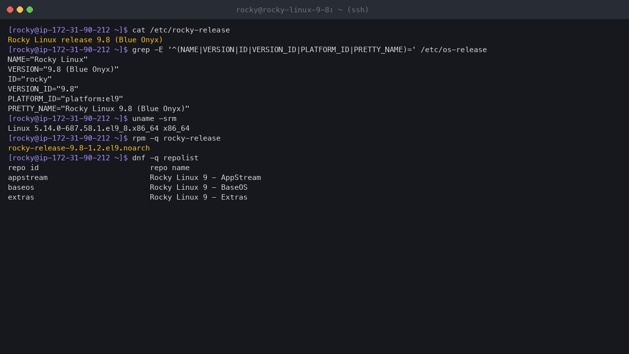 Terminal output showing rocky-release reporting Rocky Linux release 9.8 Blue Onyx, os-release with VERSION_ID 9.8 and platform el9, uname reporting the x86_64 el9_8 kernel, and the enabled Rocky Linux 9 BaseOS, AppStream and Extras repositories