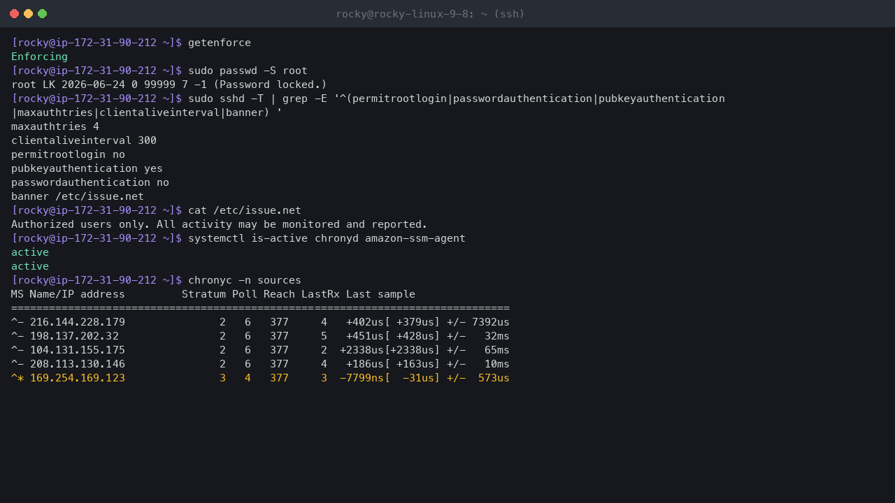 Terminal output showing SELinux enforcing, the root account locked, the effective SSH settings with root login and password authentication off and the login banner, chrony and the SSM agent active, and chrony synchronised to the Amazon Time Sync Service at 169.254.169.123