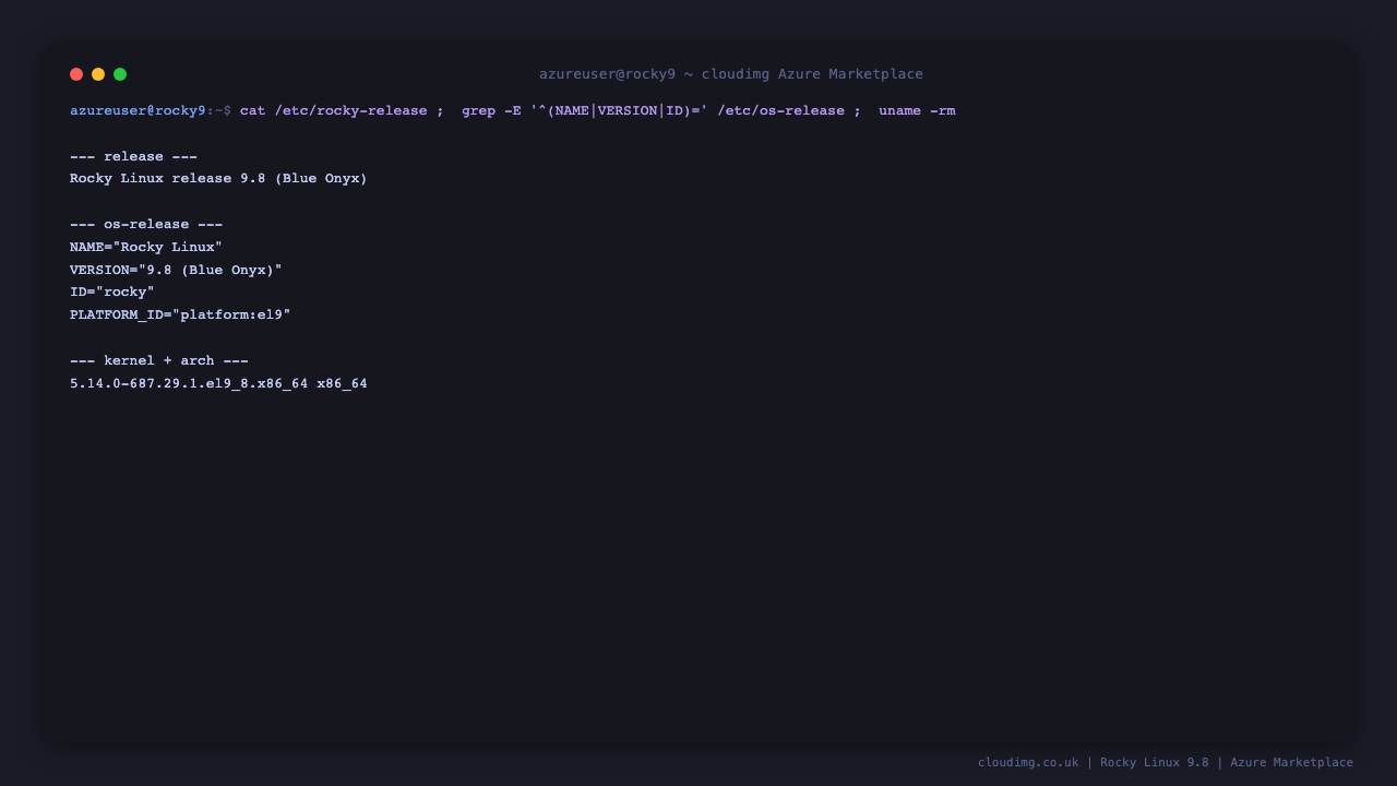 The terminal shows cat of etc rocky-release reporting Rocky Linux release 9.8 Blue Onyx, the os-release fields NAME Rocky Linux, VERSION 9.8, ID rocky and PLATFORM_ID platform el9, and uname reporting the 5.14.0 el9_8 kernel on x86_64
