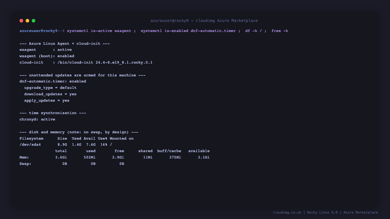 The terminal shows waagent active and enabled at boot, cloud-init version 24.4 for el9_8, the dnf-automatic timer enabled with upgrade_type default and apply_updates yes, chronyd active for time synchronisation, the root filesystem usage from df, and the memory summary from free showing zero swap