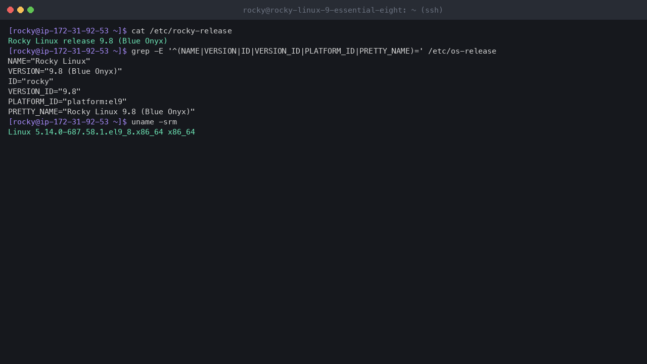 Terminal output showing rocky-release reporting Rocky Linux release 9.8 Blue Onyx, os-release with platform el9 and uname reporting the x86_64 el9_8 kernel
