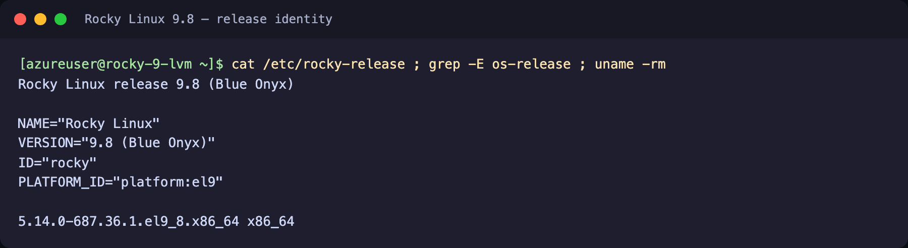 Terminal showing cat of etc rocky-release reporting Rocky Linux release 9.8 Blue Onyx, os-release fields ID rocky and PLATFORM_ID platform el9, and uname reporting the 5.14.0 el9_8 kernel on x86_64