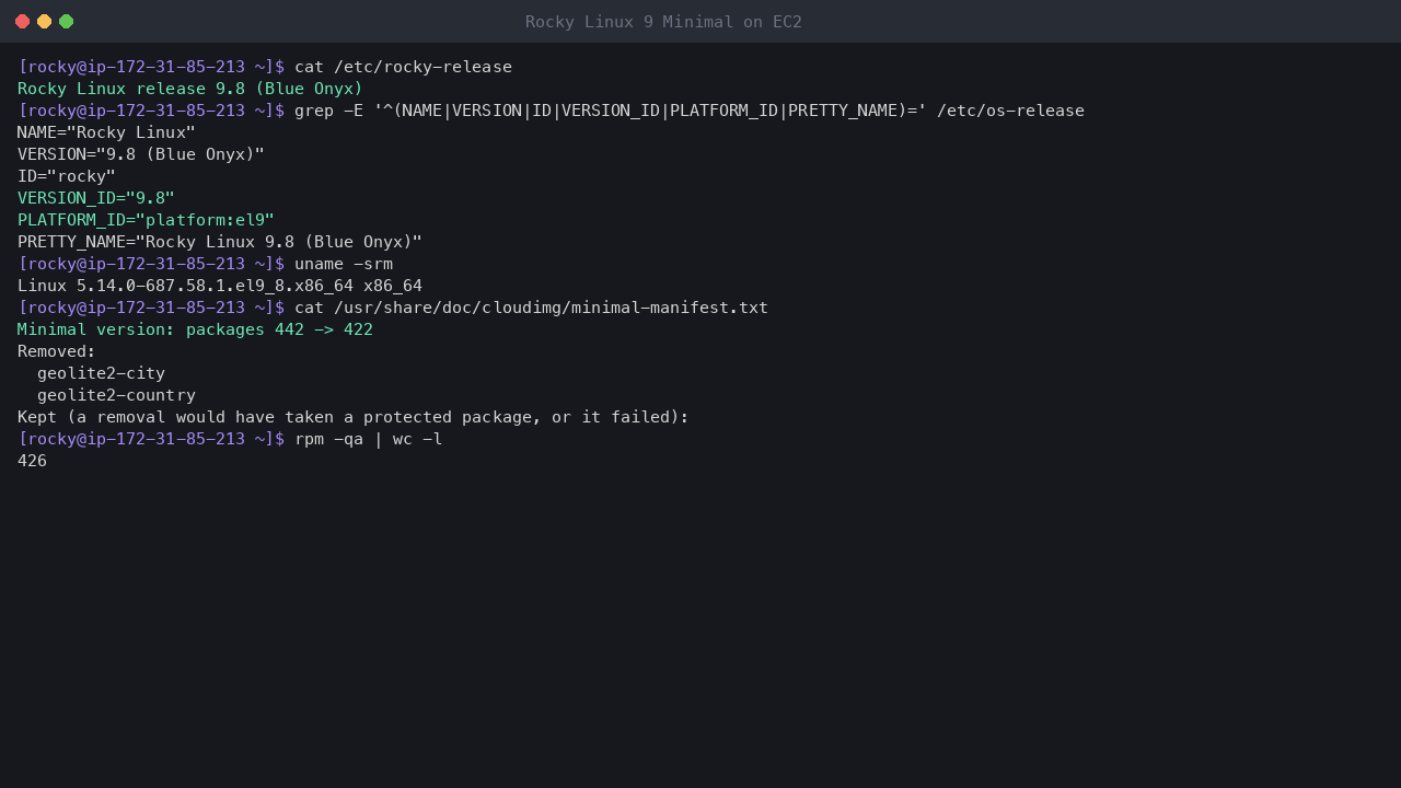Terminal output showing rocky-release reporting Rocky Linux release 9.8 Blue Onyx, os-release with platform el9, uname reporting the x86_64 el9_8 kernel, and the shipped Minimal manifest: packages 442 to 422 with geolite2-city and geolite2-country removed
