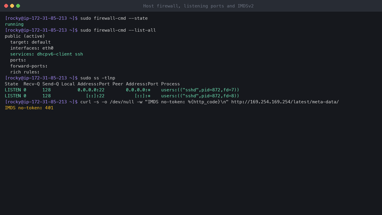 Terminal output showing firewalld running with the public zone on eth0 allowing only the dhcpv6-client and ssh services and no ports or rich rules, sshd as the only listening TCP socket, and a token-less IMDSv1 request refused with HTTP 401
